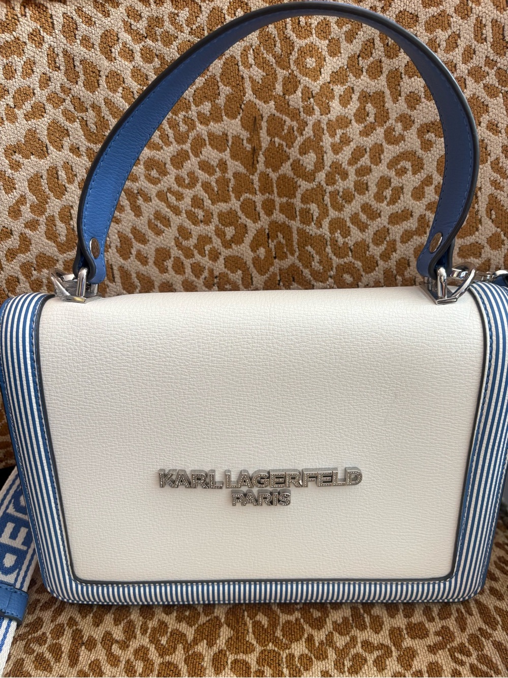 Karl Lagerfeld White and Light Blue Top Handle Shoulder Bag with Stripe Trim - Picture 11 of 11